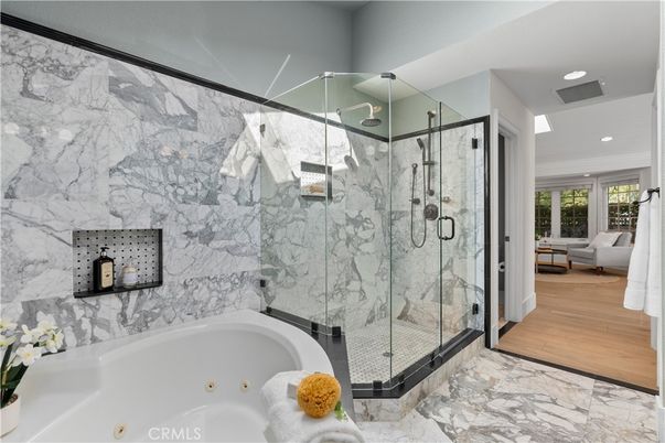 Bathroom, Glass Shower, Interior, Marble, Marble Walls, Recessed Lighting, Wood Texture Flooring