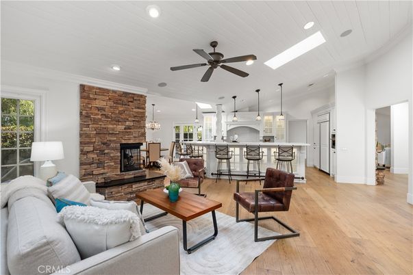 Dining room, Fireplace, Interior, Kitchen, Living room, Pendant Lights, Recessed Lighting, Stone Walls, Wood Texture Flooring