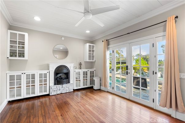 Empty room, Fireplace, Interior, Recessed Lighting, Wood Texture Flooring