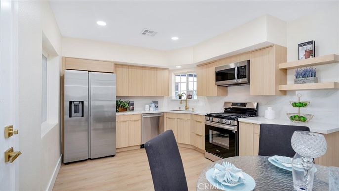 Interior, Kitchen, Recessed Lighting, Stainless Steel Appliances, Wood Texture Flooring