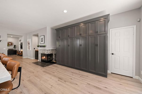 Fireplace, Interior, Recessed Lighting, Wood Texture Flooring