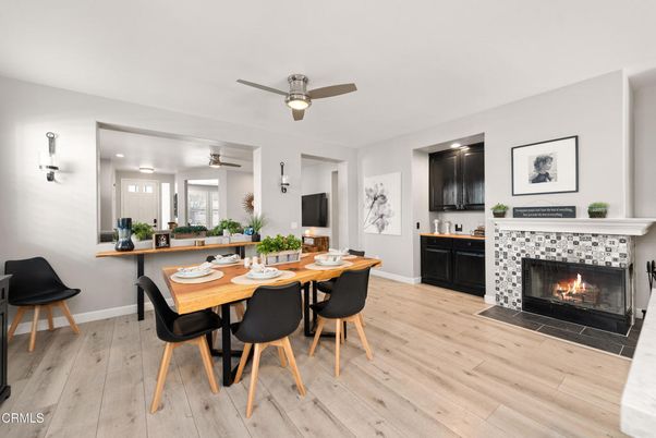 Dining room, Fireplace, Interior, Wood Texture Flooring