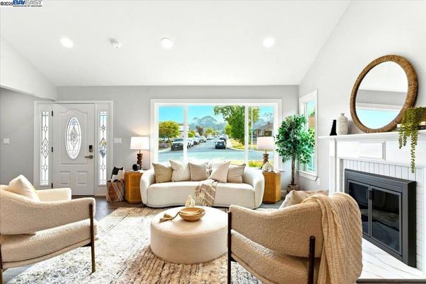 Fireplace, Interior, Living room, Recessed Lighting, Water, Wood Texture Flooring