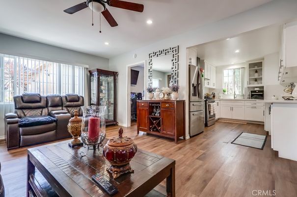 Interior, Kitchen, Living room, Recessed Lighting, Stainless Steel Appliances, Wood Texture Flooring