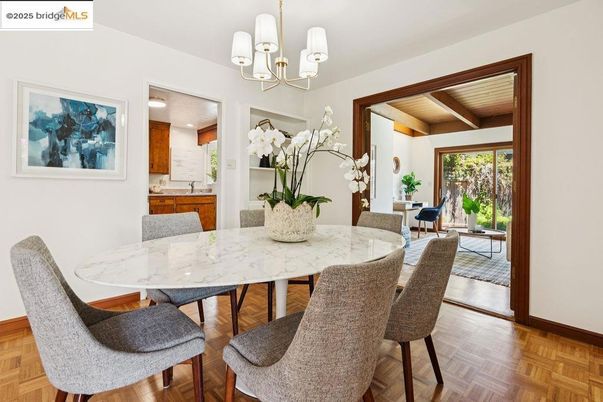 Chandelier, Dining room, Interior, Recessed Lighting, Wooden Beams, Wooden Ceilings, Wood Texture Flooring