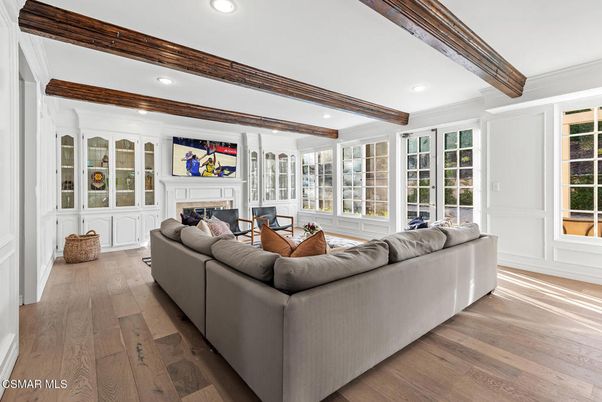 Fireplace, Interior, Living room, Recessed Lighting, Wooden Beams, Wood Texture Flooring