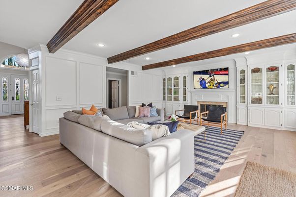 Fireplace, Interior, Living room, Recessed Lighting, Wooden Beams, Wood Texture Flooring