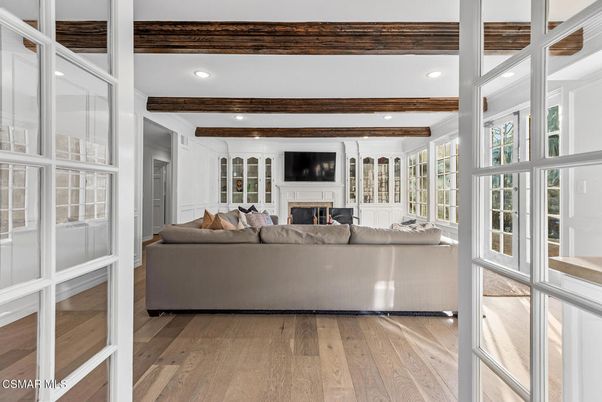 Fireplace, Interior, Living room, Recessed Lighting, Wooden Beams, Wood Texture Flooring