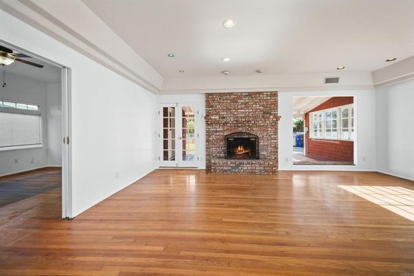 Empty room, Fireplace, Interior, Recessed Lighting, Wood Texture Flooring