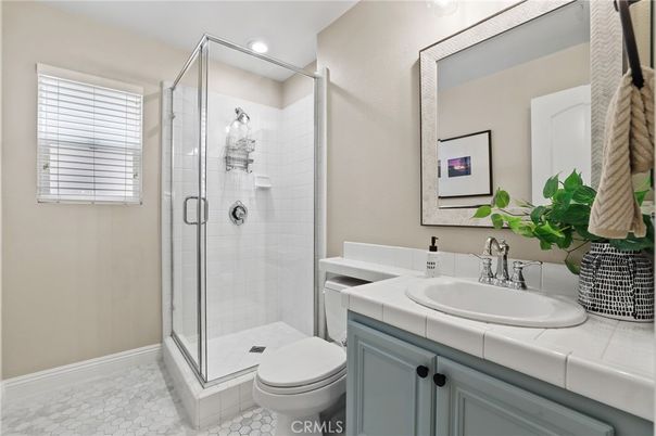 Bathroom, Glass Shower, Interior, Recessed Lighting, Tile Countertops
