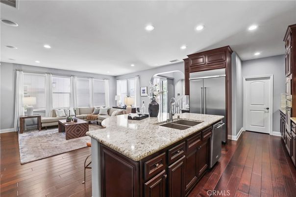 Interior, Kitchen, Living room, Recessed Lighting, Stainless Steel Appliances, Wood Texture Flooring