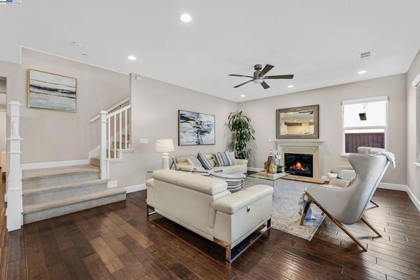 Fireplace, Interior, Living room, Recessed Lighting, Wood Texture Flooring