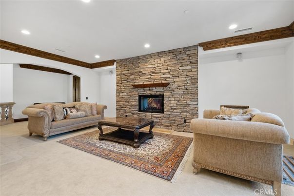 Fireplace, Interior, Living room, Recessed Lighting, Stone Walls