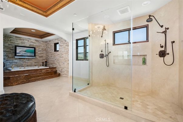 Bathroom, Glass Shower, Interior, Recessed Lighting, Stone Walls