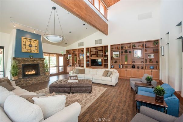 Fireplace, Interior, Living room, Pendant Lights, Recessed Lighting, Wooden Beams, Wood Texture Flooring