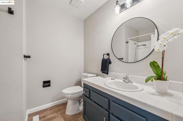 Bathroom, Interior, Tile Countertops, Wood Texture Flooring