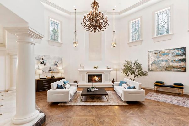 Chandelier, Fireplace, Interior, Living room, Pendant Lights, Recessed Lighting, Wood Texture Flooring