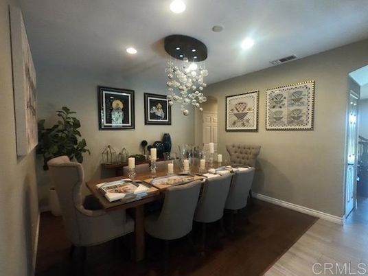 Dining room, Interior, Pendant Lights, Recessed Lighting, Wood Texture Flooring