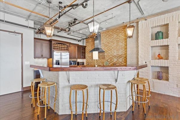 Interior, Kitchen, Pendant Lights, Stone Walls, Wood Texture Flooring