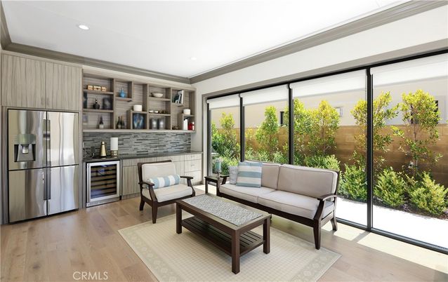 Interior, Living room, Recessed Lighting, Stainless Steel Appliances, Stone Walls, Wood Texture Flooring