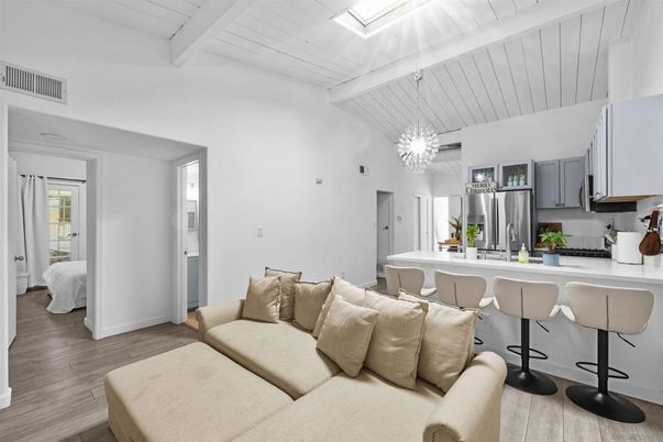 Chandelier, Interior, Kitchen, Living room, Pendant Lights, Stainless Steel Appliances, Wood Texture Flooring