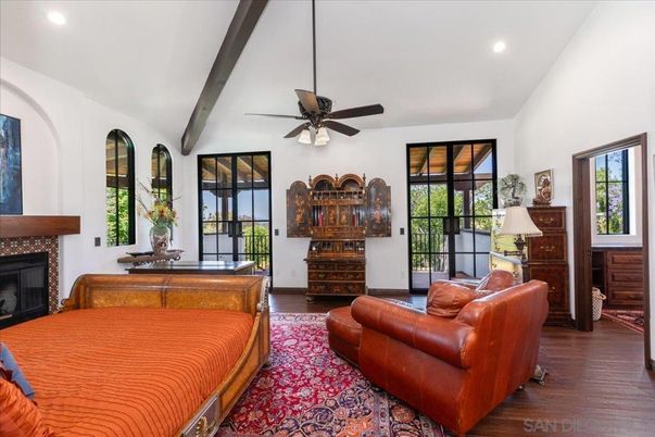 Fireplace, Interior, Recessed Lighting, Wooden Beams, Wood Texture Flooring