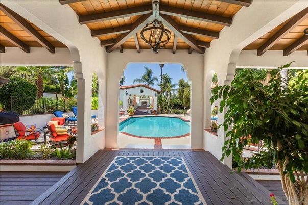 Chandelier, Exterior, Pool, Wooden Beams