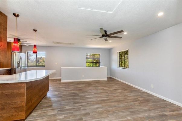 Empty room, Interior, Pendant Lights, Recessed Lighting, Wood Texture Flooring