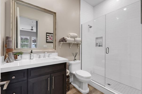 Bathroom, Glass Shower, Interior, Wood Texture Flooring