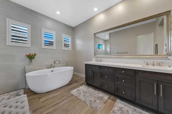 Bathroom, Dual Sink Vanities, Free Standing Baths, Interior, Recessed Lighting, Wood Texture Flooring