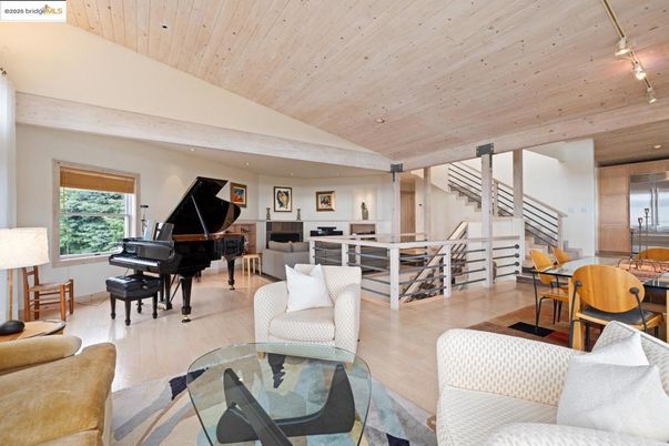Dining room, Interior, Living room, Piano, Recessed Lighting, Wooden Ceilings, Wood Texture Flooring