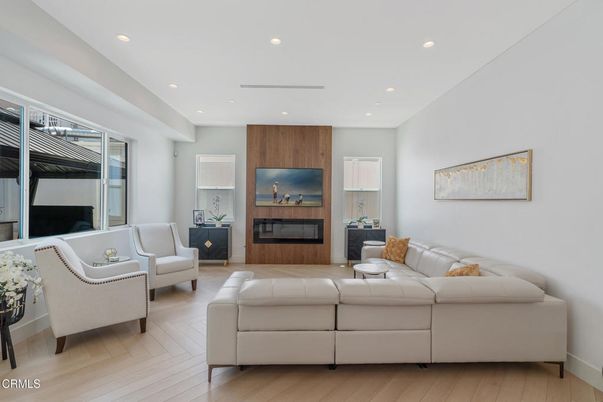 Fireplace, Interior, Living room, Recessed Lighting, Wood Texture Flooring, Wooden Walls