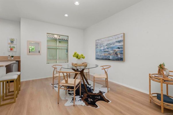 Dining room, Interior, Recessed Lighting, Wood Texture Flooring