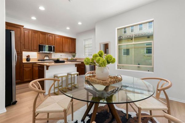 Dining room, Interior, Kitchen, Recessed Lighting, Wood Texture Flooring