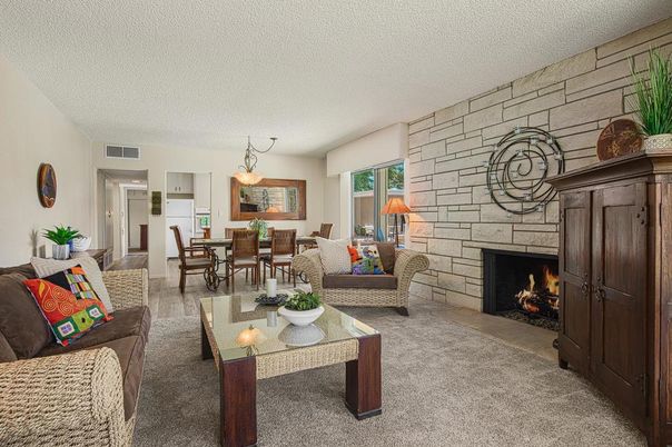 Dining room, Fireplace, Interior, Living room, Pendant Lights, Stone Walls
