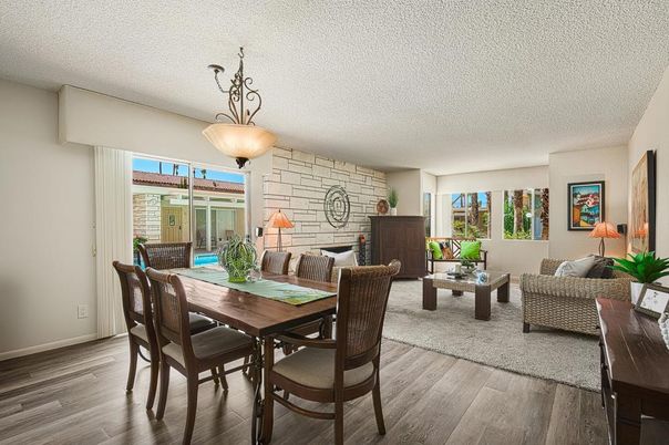 Dining room, Fireplace, Interior, Living room, Pendant Lights, Stone Walls, Wood Texture Flooring