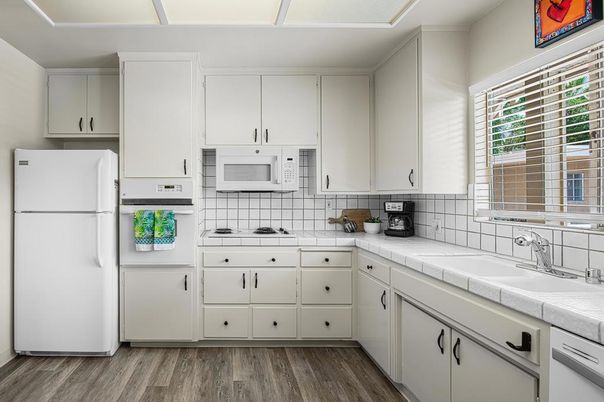 Interior, Kitchen, Tile Countertops, Wood Texture Flooring