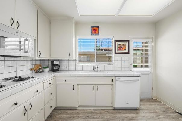Interior, Kitchen, Tile Countertops, Wood Texture Flooring