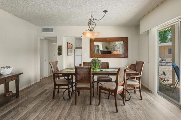Dining room, Interior, Pendant Lights, Wood Texture Flooring