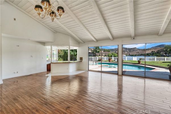 Chandelier, Empty room, Interior, Pool, Wood Texture Flooring