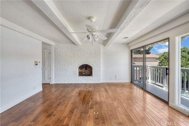 Empty room, Fireplace, Interior, Stone Walls, Wood Texture Flooring