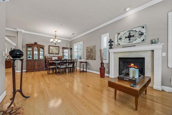 Chandelier, Dining room, Fireplace, Interior, Recessed Lighting, Wood Texture Flooring