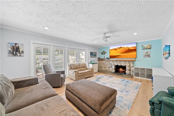 Fireplace, Interior, Living room, Recessed Lighting, Wood Texture Flooring