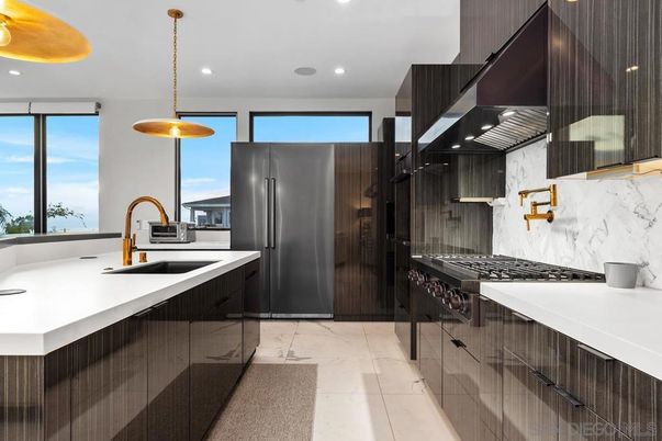 Interior, Kitchen, Marble, Marble Walls, Pendant Lights, Recessed Lighting, Stainless Steel Appliances