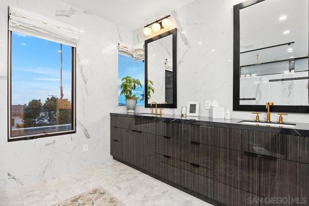 Bathroom, Dual Sink Vanities, Interior, Marble, Marble Walls, Recessed Lighting