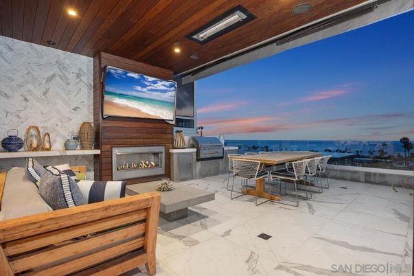 Exterior, Fireplace, Marble, Recessed Lighting, Water, Wooden Ceilings