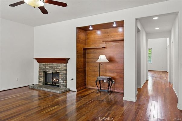 Fireplace, Interior, Recessed Lighting, Wood Texture Flooring, Wooden Walls