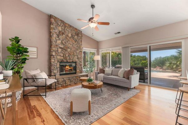 Fireplace, Interior, Living room, Stone Walls, Wood Texture Flooring
