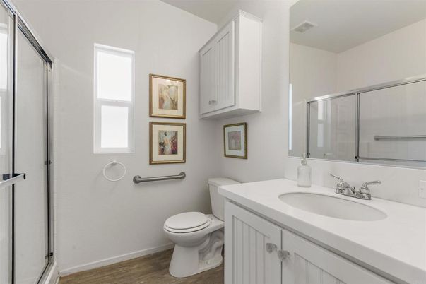 Bathroom, Glass Shower, Interior, Wood Texture Flooring