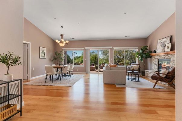 Chandelier, Dining room, Fireplace, Interior, Living room, Wood Texture Flooring